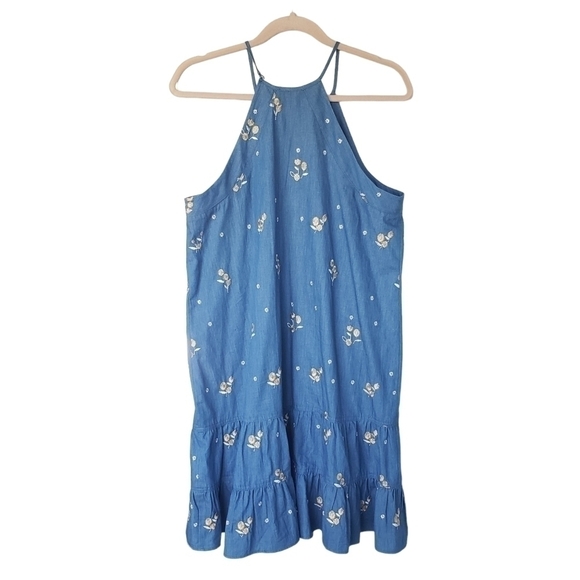 Cece Chambray Denim Sunflower Embroidery Spaghetti Straps Dress - Picture 4 of 9